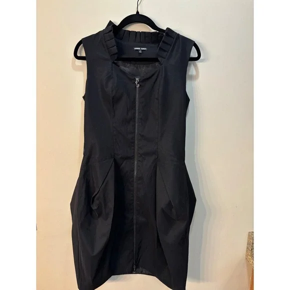 Samuel Dong Sleeveless Bubble Dress Ruffle Collar Full Zip Pockets Black Size S - Picture 1 of 10